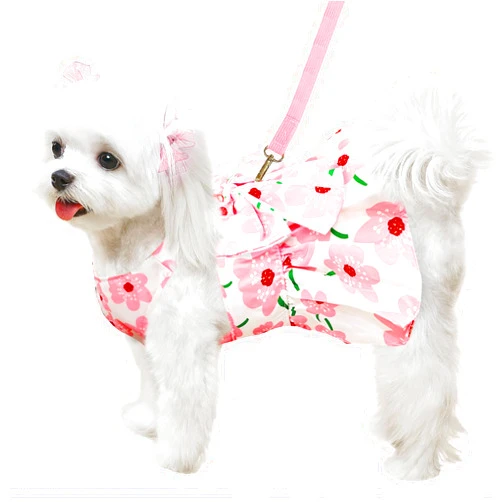 ABRRLO Cute Dog Dress Small Dog Clothes For Girls Female Puppy Outfits Pink Floral Pet Summer Clothes Bowknot Doggy Cat Princess Dress Harness Set for Holiday Birthday Party Costume Clothing (Pink,XS)