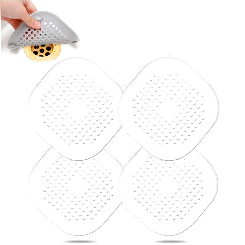 Bovinde Hair Drain Catcher,Square Drain Cover for Shower Silicone Hair Stopper with Suction Cup,Easy to Install Suit for Bathroom,Bathtub,Kitchen 4 Pack (Pure White)