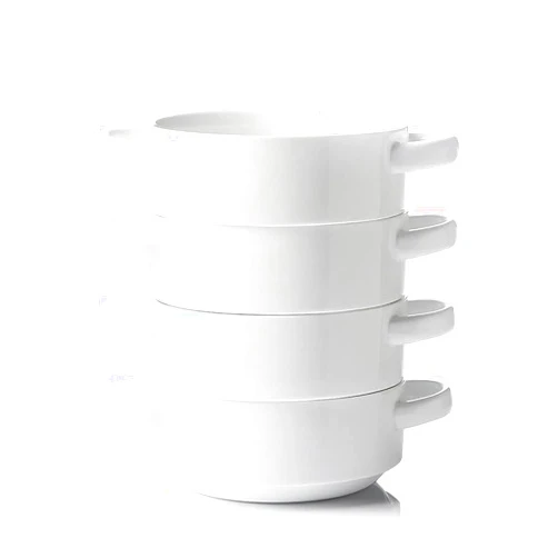 Sweejar Ceramic Soup Bowls with Double Handles, 20 Oz Stacked Bowls for French Onion Soup, Cereal, Pot Pies, Stew, Chill, Pasta, Set of 4 (White)