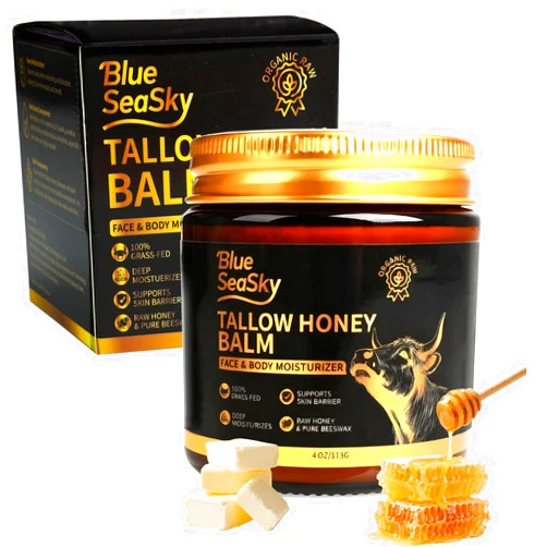 Blue Sea Sky Whipped Beef Tallow for Skin Grass Fed Tallow Balm with Raw Honey,Unscented Face & Body Tallow Moisturizer for Dry Sensitive Skin,Eczema & Rosacea Relief,Non-Comedogenic,Fast Absorbing Skin Care(4oz)
