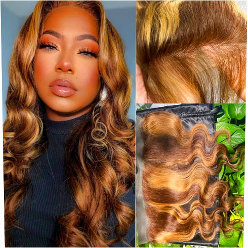 ALHER 4/27 Honey Blonde Highlight Body Wave Closure 13x4 Lace Frontal Closure Human Hair Ombre Colored Wavy 10A Virgin Remy Hair Undetectable Transparent Melt Ear to Ear Lace Frontal Closure 20 Inch