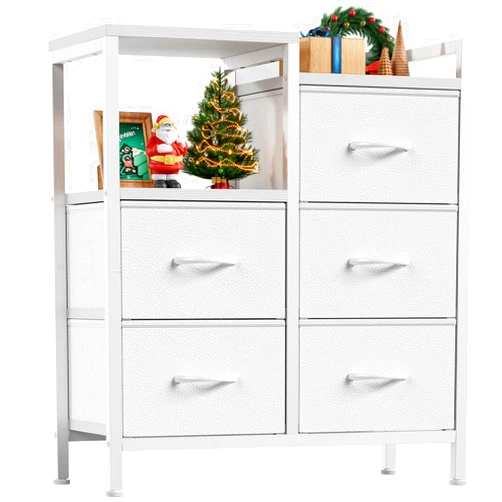 Furnulem White Dresser for Bedroom, Small Nightstand with 2-Tier Open Shelf and 5 Fabric Drawers, Storage Unit Organizer Tower Furniture for Living Room, Hallway, Dorm, Closets(White)