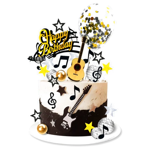 DRWATE 31 PCS Guitar Cake Toppers Music Notes Balls Cake Decorations for Musician Birthday Party Rock Theme Party (Black)