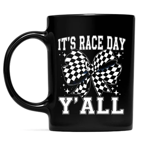 Eali88fa It's Race Day Yall Coquette Bow Checkered Flag Racing Car Coffee Mug, Cups 11oz - 15oz