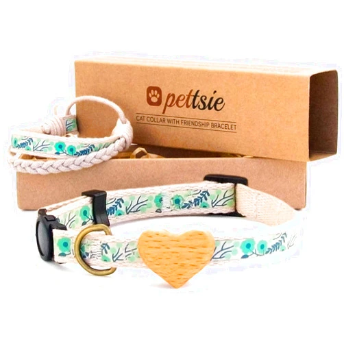 Pettsie Cat Collar with Heart, Safe Breakaway Buckle, Matching Friendship Bracelet, Soft and Comfortable Cotton for Sensitive Skin, Carton Box, Easy Adjustable 8-11 Inches, Green