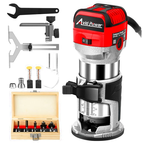 AVID POWER 6.5 Amp 1.25 HP Compact Router Tools for Woodworking, Fixed Base Wood Router with Trim Router Bits, 6 Variable Speeds, Edge Guide, Roller Guide, Dust Hood (Red, 65mm)