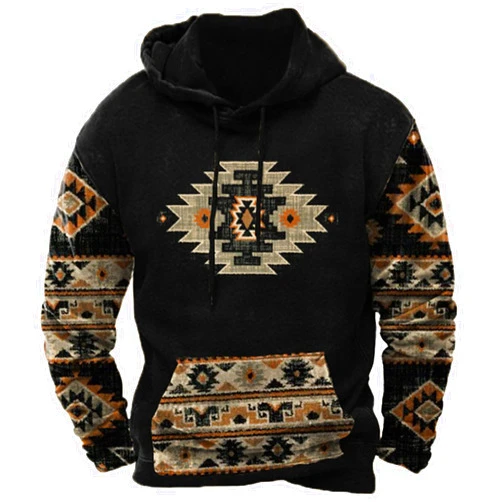 Muscularfit Hooded Sweatshirt for Men Heavyweight Long Sleeve Aztec Ethnic Western Hoodies Casual Ethnic Print Pullover Shirt