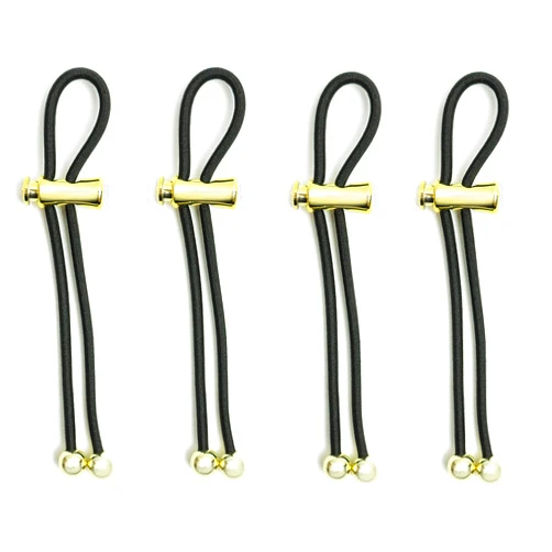 Pulleez Patented Adjustable Pony Party Sliding Ponytail Holder, Set of 4 - Gold Metalized Charms - Black Elastic Hair Tie Bracelet. Perfect for Thin, Thick or Natural Hair