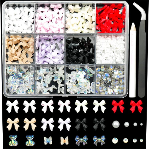Anower 3D Colorful Bow Nail Charms Aurora Bowknot Bear Butterfly Nail Charms White Nail Pearls Starry AB Crystals Rhinestones for Nail Art DIY Crafts Jewel