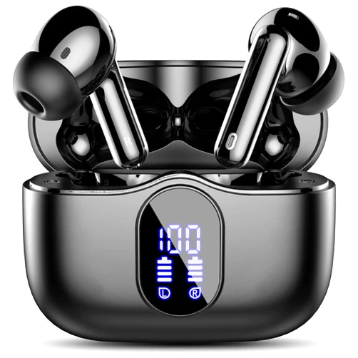 Btootos Wireless Earbuds, Bluetooth 5.3 Headphones Bass Stereo, Ear Buds with Noise Cancelling Mic LED Display, IP7 Waterproof in Ear Earphones, 36H Playtime for Laptop Pad Phones Sports Workout, Black