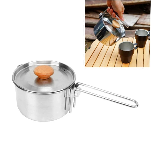 Topyond 1L Stainless Steel Portable Camping Cookware Pot, Foldable Handle, Hiking Backpacking Picnic Gear, Bushcraft Cooking