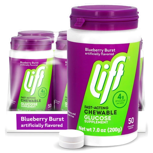 Lift Glucose | Fast-Acting Glucose Chewable Energy Tablets | Blueberry | 50 ct Jar (Pack of 6)
