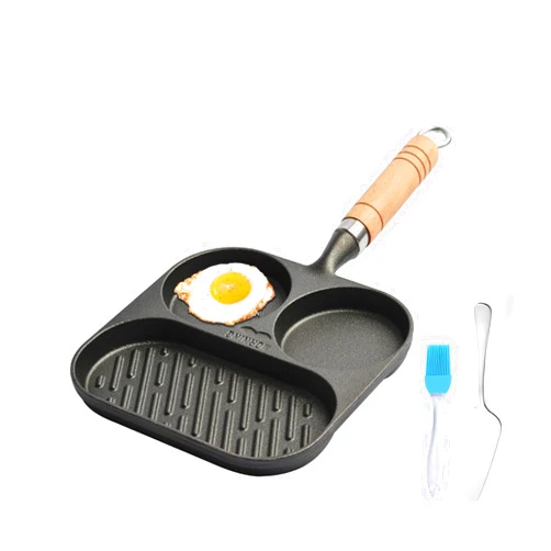 JUSTUP Nonstick Frying Pan,3-Section Cast Iron Egg Pan Divided Pan with Wooden Handle,3-in-1 Versatile Breakfast Pan,Mini Skillet Pan for Egg,Steak and Burgers (Black)