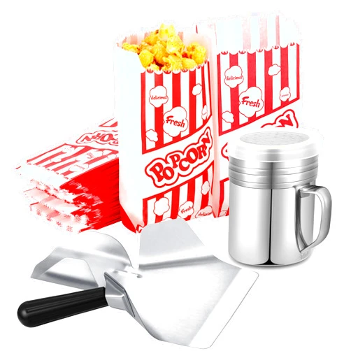 CHENGU 202 Pcs Popcorn Machine Supplies Set, Kernel Sifting Speed Scoop, Stainless Steel Seasoning Dredge with Handle, 200 Pcs Popcorn Bags Bundle for Home Kitchen Theater Movie Tools Supplies (1 Oz)