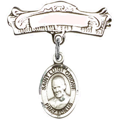 Bonyak Jewelry Saint Medal Collection Sterling Silver Baby Badge with St. Luigi Orione Charm and Arched Polished Badge Pin 7/8 X 7/8 inches