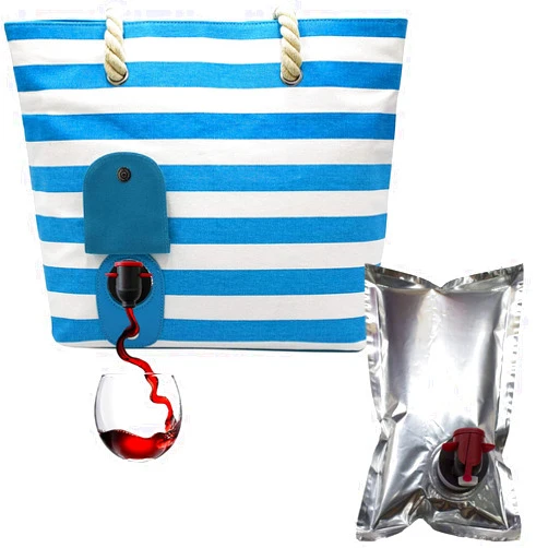 PortoVino Beach Wine Purse/Tote with Hidden, Leakproof & Insulated Compartment, Holds 2 bottles of Wine(Turquoise White) undle with 4 Pieces 750 ML Wine Dispensing Purse Refill Bladders
