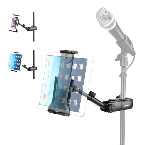 Moukey Tablet Holder for Microphone Stand, Adjustable Mic Music Stand Phone Holder Mount, Compatible with iPad, iPhone, Android, All 4.7 to 12.9 Inches Tablets & Smartphones