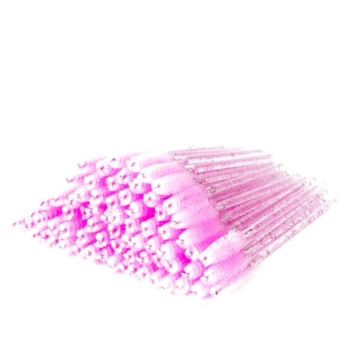 i-Laesh 100 Pcs Disposable Eyelash Brushes, Mascara Wands, Spoolies for Eyelash Extensions, Spoolie Eyebrow Brow Makeup Supplies Kit Glitter Applicator Tool Accessories Bristle (Crystal Pink)
