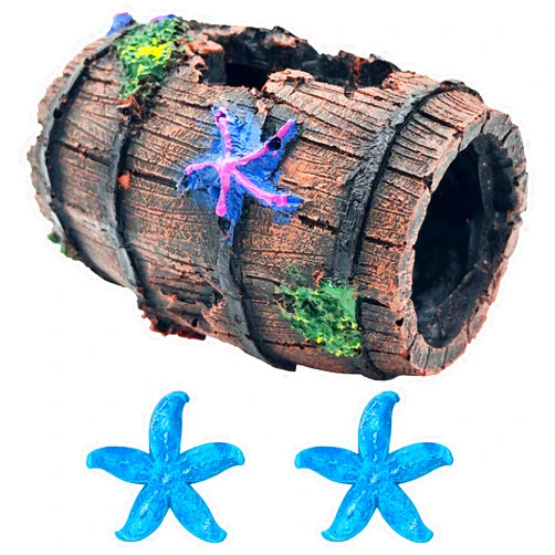 GSD Star-Fish Broken Barrel Decor Resin Betta Fish Tank Accessories Ornaments for Fish Cave Hide Tank Decorations, Broken Barrel x 1pc, Blue Star Fish Ornaments x 2pcs