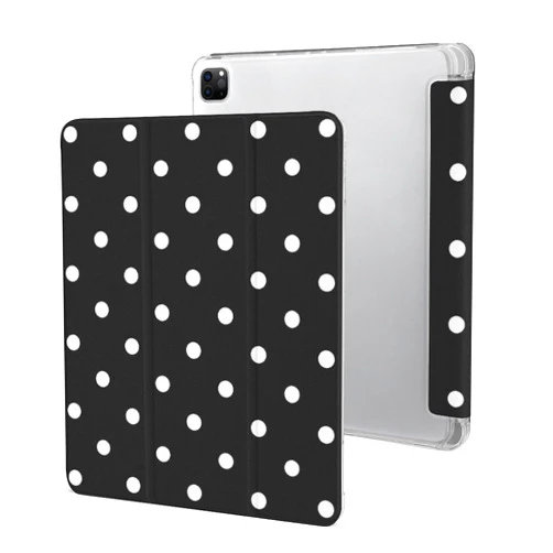 NUJAKE Polka Dot Black White Simple Pattern iPad Pro 12.9 Inch Cases (6th 5th 4th Generation, 2022/2021/2020 Model),with Pencil Holder, Trifold Stand, Transparent Back Cover, Auto Wake/Sleep