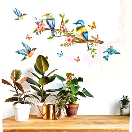 WOHAHA Summer Birds Tree Branch Wall Decals Hummingbirds Flower Butterfly Wall Stickers Peel and Sticker Removable PVC Murals Home Wall Decor for Girls Bedroom Living Room Nursery Decoration Art