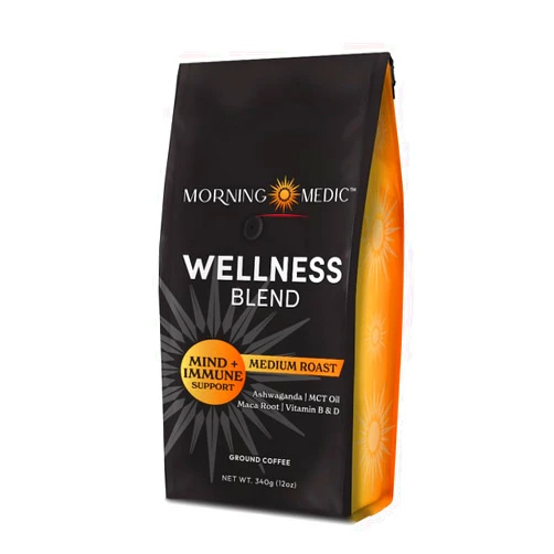 Morning Medic Wellness Coffee with Ashwagandha, MCT Oil, Maca Root, Vitamin B6, Vitamin B12, Vitamin D, and Cinnamon, Ground Coffee Medium Roast, 12 oz
