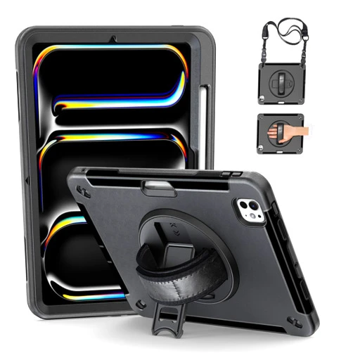 Junfire Protective Case for iPad Pro 11 Inch M4 2024, Shockproof Rugged A2836/A3006 Carrying Case with Stand/Hand Strap/Neck Strap, Stylus Holder Compatible with Wireless Charging-Black