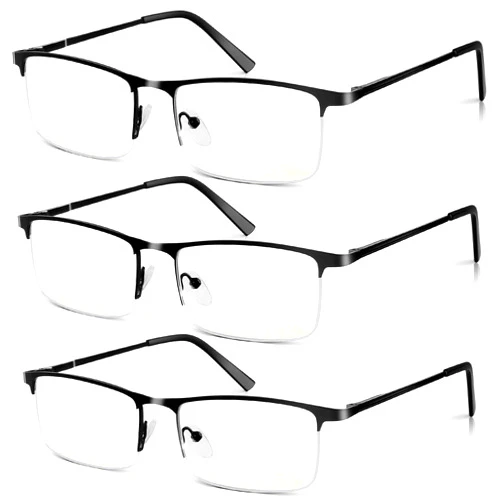 WEIMELTOY 3 Pack Blue Light Blocking Reading Glasses for Men, Stylish Half Frame Metal Computer Readers, Lightweight Spring Hinge Eyeglasses Anti Eyestrain/Glare/UV (Black, 1.75)