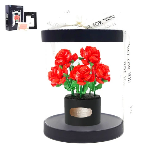 Insgen Flowers Bouquet Building Sets Bonsai Rose Fower Basket Building Blocks Set, Artificial Flowers Building Toys Botanical Collection, DIY Unique Decoration Home (Red Rose)
