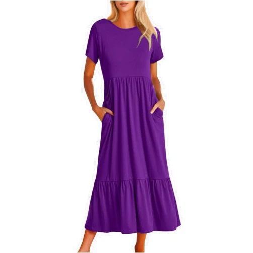 Lainuyoah Summer Shirt Dresses For Women 2025 Crewneck Tiered Maxi Dresses Short Sleeve Flowy Beach Sundresses with Pockets