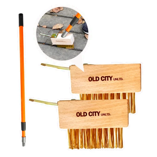 Old City Unltd. Moss Remover Deck Crevice Cleaning Tool with Pole Includes 2 Paver Brushes, Tool for Weeding Between Pavers, Wire Brush with Weed Hook, Deck Cleaner, Crack Weeder, Patio Weed Remover Tool