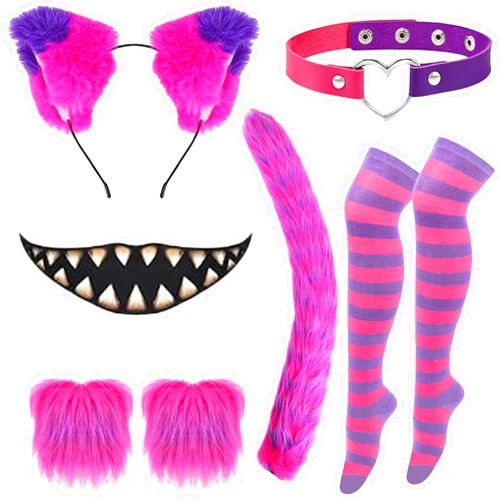 WGOCAUK 8 PCS Purple Cat Costume Kits, Cartoon Pink Purple Cat Ears Headband Love Heart Choker Furry Tail Mouth Tattoo Gloves High Tights for 101 Days of School Party Favor, Women