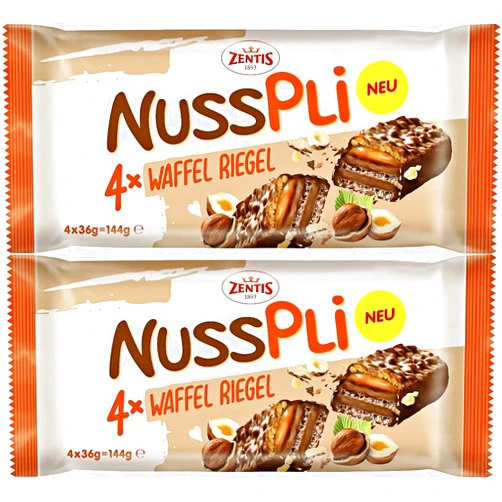 Sattie Belmandel Nusspli Waffle Bars 2x144g - 8 Individually wrapped Wafer Bars with Caramel, Hazelnut cream, Hazelnut pieces and a Milk Chocolate coating/Zentis, Germany