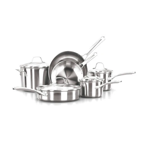 Calphalon Classic Stainless Steel Cookware Set, 10-Piece, Impact-Bonded Aluminum Base, Stay-Cool Handles, Oven Safe 450F, Silver