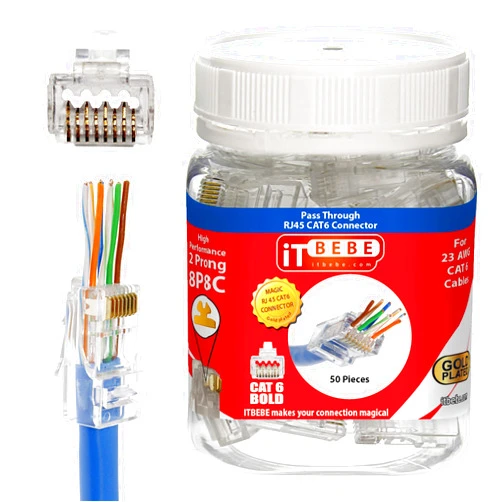 Itbebe.com ITBEBE 50 Pieces - Gold Plated End Pass Through RJ45 Cat6, Cat6a Bold Connector for 23 AWG Cables