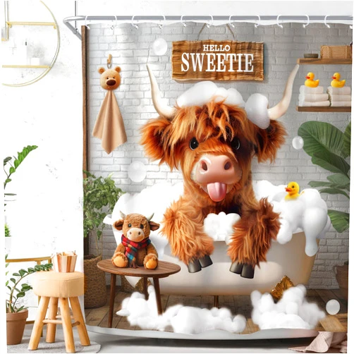 Riyidecor Highland Cow Shower Curtain for Bathroom Decor 72Wx72H Cute Funny Country Rustic Western Farmhouse Leaves Bubble Kids Art Printed Fabric Polyester Waterproof 12 Pack Plastic Hooks