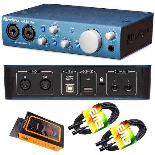 PreSonus AudioBox iTwo USB Audio Interface 2-in/2-out with 2 x XLR/TRS Combo Inputs, Studio One Artist DAW Software, Studio Magic Suite with Gravity Magnet Phone Holder and Pair EMB XLR Cable Bundle