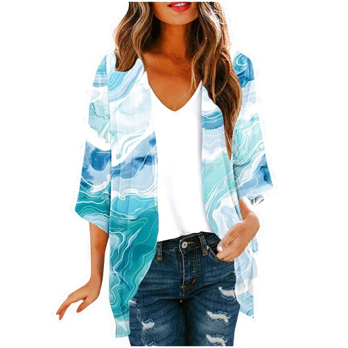 Generic Lightweight Cardigans for Women, 3/4 Sleeve Kimono Floral Chiffon Cardigan Loose Beach Cover Up Vacation Outfit Tops