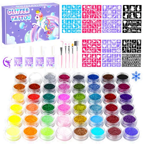 XiQiDianr Temporary Glitter Tattoos Kit for Kids,48 Glitter Colors, 178 Stencils,4 Glue,5 Brushes,Adults and Kids Arts Glitter Kit,Wonderful Holiday Gifts for Girls & Boys.