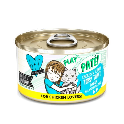 Weruva B.F.F. Play - Best Feline Friend Paté Lovers, Aw Yeah!, Chicken & Turkey Topsy Turvy with Chicken & Turkey, 2.8oz Can (Pack of 12)