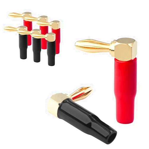 VCELINK Right Angle Banana Plugs 4 Pairs/8 Pack, 90 Degree 4mm 24K Gold Plated Dual Screw Type Speaker Connector for Speaker Wire, Red and Black