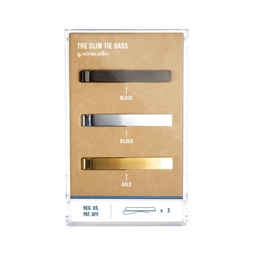 Würkin Stiffs The Slim Tie Bar Clip Set by Würkin Stiffs | Set of 3 Brushed Finish Tie Clips | Includes (1) Gold, (1) Black, (1) Silver | Pack of 1.65” Long Necktie Clips | Gift for Men | As Seen on Shark Tank