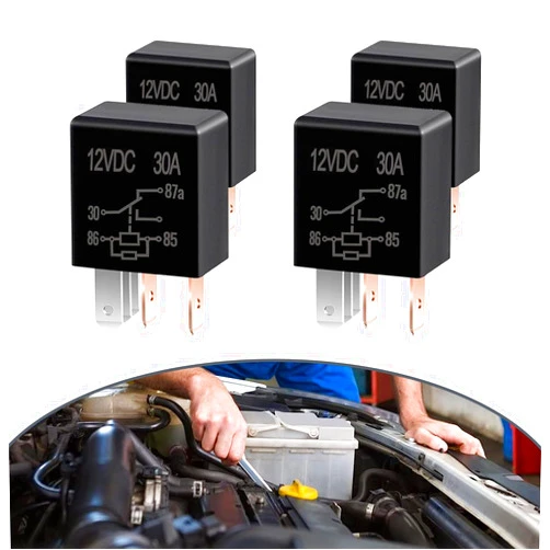 Flygun 4 PCS Car 5 Pin Relay Switch, 12V Multi-Purpose Relay, Nylon Car Motor System Plug, 30A Relay Without Backrest, Motor Replacement Kit, Universal for Most Cars, Trucks (Black)