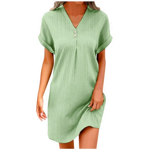 Sunward Women Summer T Shirt Dress Button V Neck Short Sleeve Sun Dress Loose Causal Texture Beach Dress Tunic Top Mini Dress