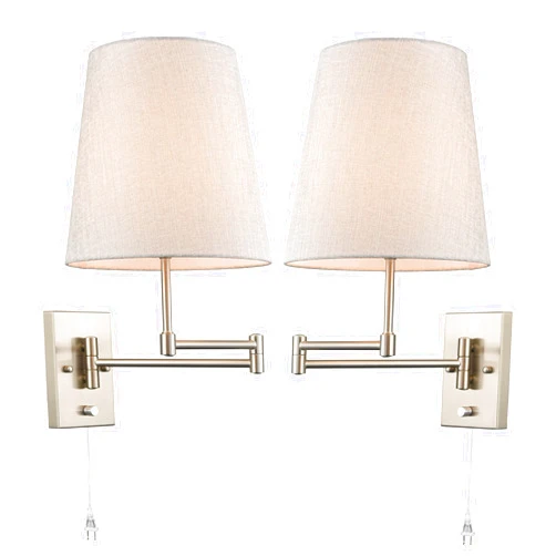 HYDELITE Modern Plug in Wall Sconce Nickel Swing Arm Wall Lamp Set of 2 for Bedroom Hardwired with Switch
