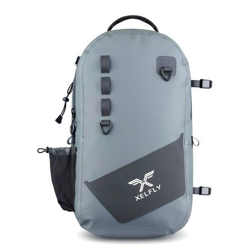 Xelfly Waterproof Fishing Backpack with Rod Holder, Inflatable Air Valve, Padded Waist Straps & Gear Loops - Submersible Zipper, Rugged Top Handle, Adjustable Attachments (Gray)