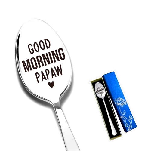 MeiFuJuW Good Morning Papaw Engraved Stainless Steel Spoon, Funny Coffee Spoon Dessert Spoon Gifts for Men Grandpa Papa, Best Birthday Father's Day Thanksgiving Christmas Gift