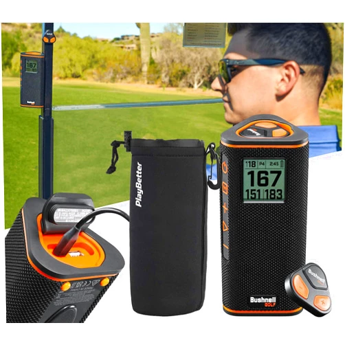 PlayBetter Bushnell Wingman View Golf Speaker Bundle - Easy-to-Read LCD Display, Bluetooth Music & Audible GPS Distances - Includes Wingman View & Protective Wingman Pouch