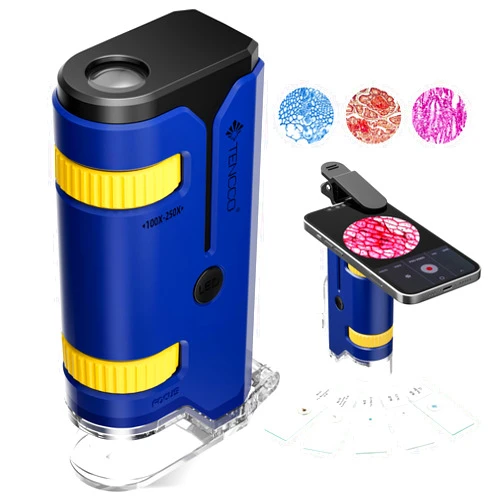 TENCCO 100x-250x Mini Pocket Microscope for Kids Adults, Protable Handheld Microscope with 5 Microscope Slides, Phone Adapter, Miniscope Portable Microscope Kit for Kids Adults Science Lab Education, Blue