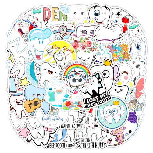 Generic 50 Pcs Tooth Stickers Vinyl Waterproof Protect Teeth Stickers Dental Stickers Cartoon Funny Tooth Fairy Stickers for Teens Adults Kids(Tooth)